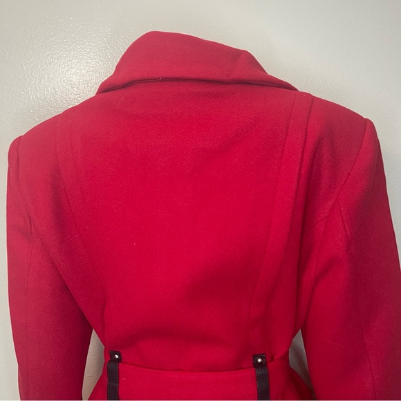 Red single breasted lapel collar A-line pleated flare belted pea coat - Picture 7 of 13
